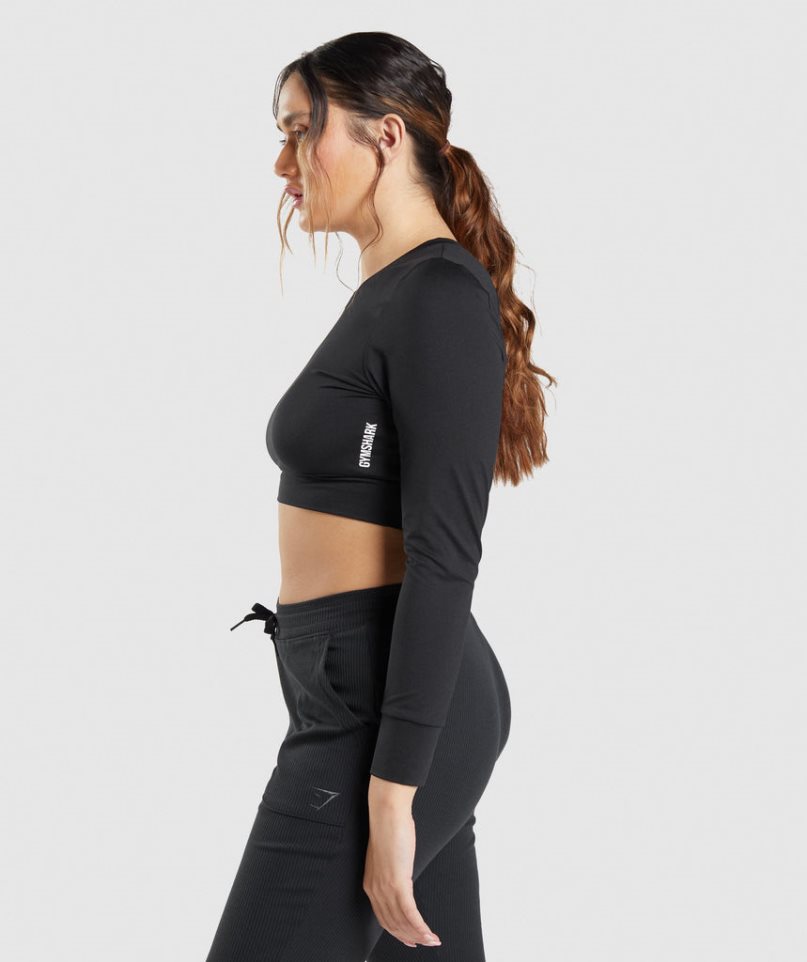 Women's Gymshark Pause Open Back Long Sleeve Cropped Tops Black | NZ 6RJIPF